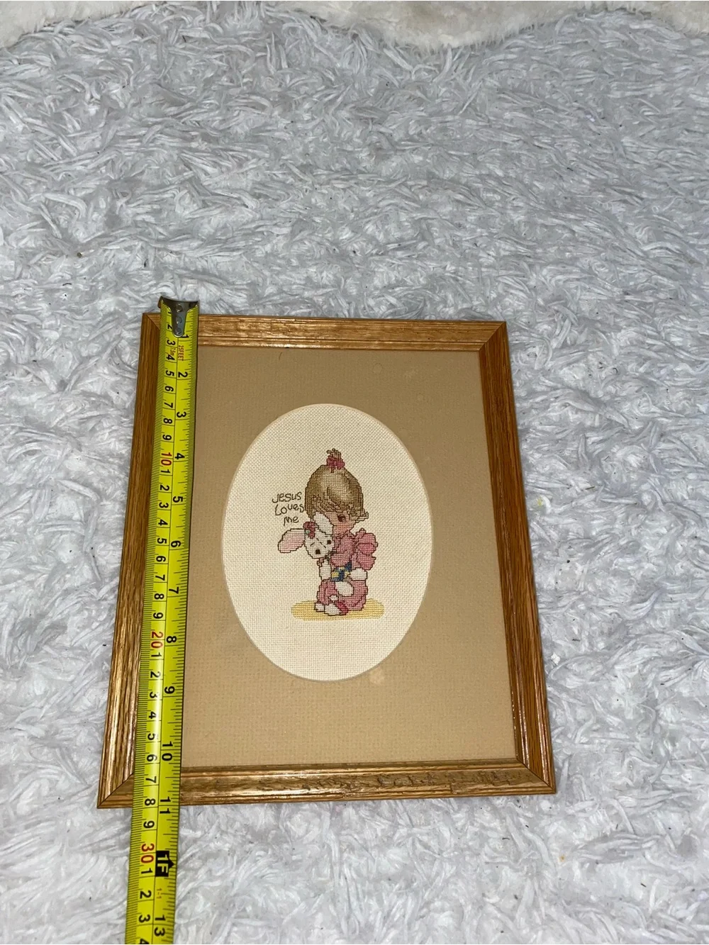 Vintage Precious Moments cross stitch framed picture 8x10 Jesus Loves Me